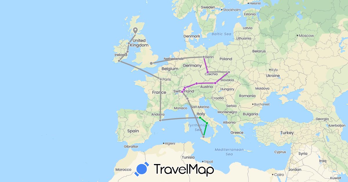 TravelMap itinerary: driving, bus, plane, train in Austria, Switzerland, Czech Republic, Germany, Spain, France, United Kingdom, Ireland, Italy, Poland (Europe)